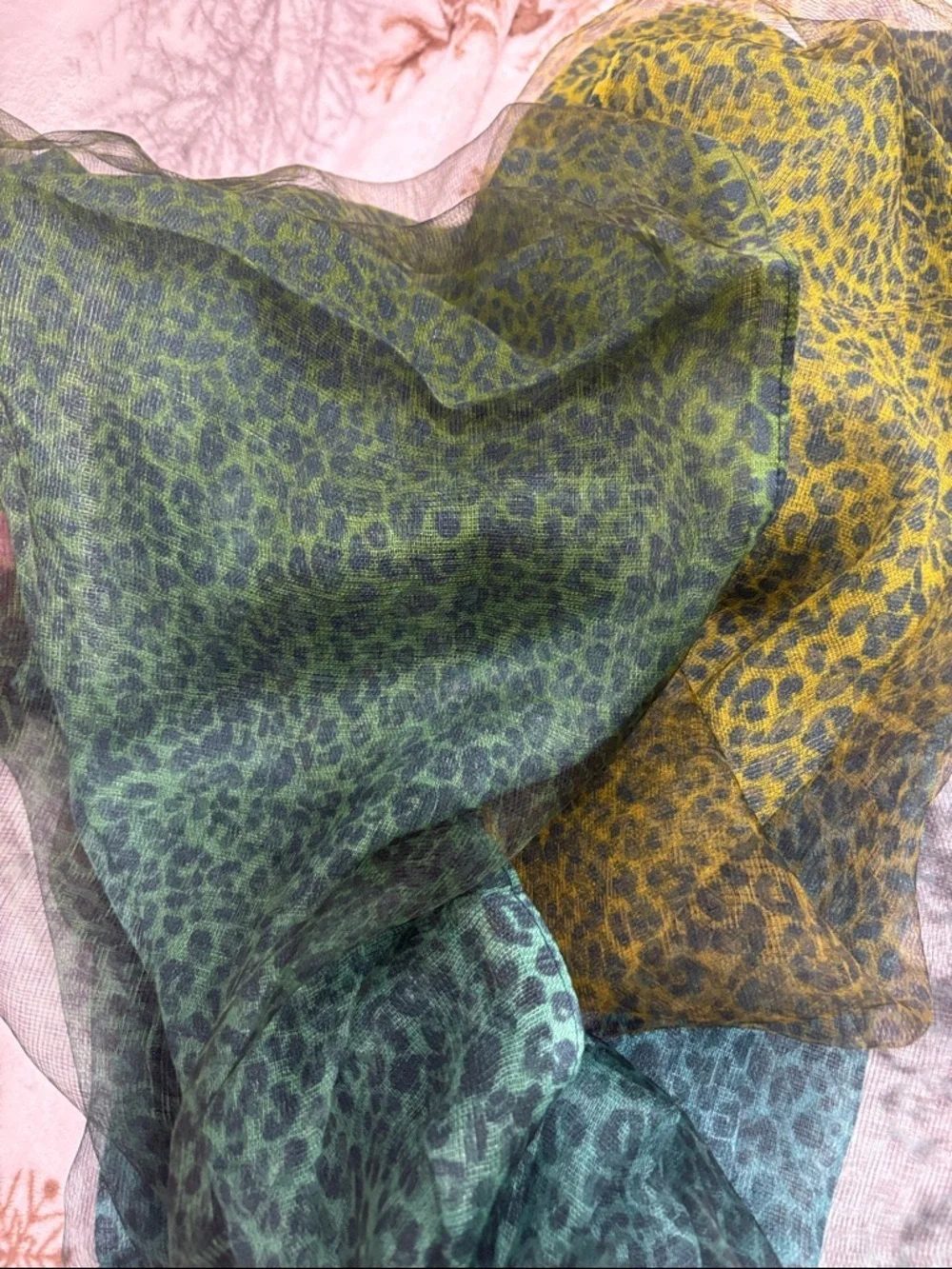 Coldwater Creek leopard Teal ombre to lime yellow Fringe Scarf SILK overlay